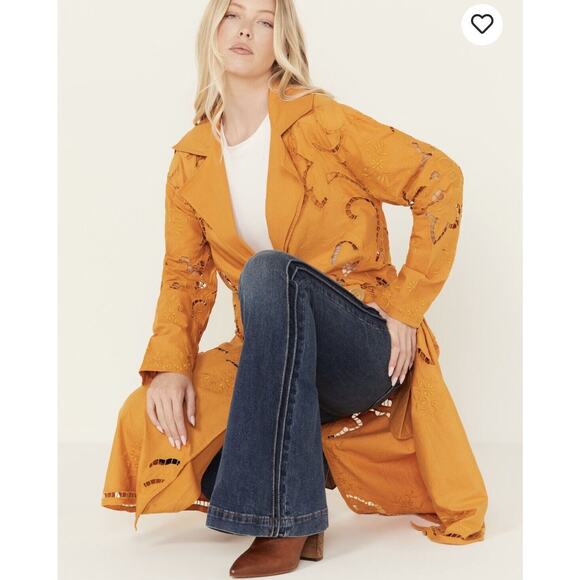 Free People Size S Susanna Cutwork Lace Duster Coat Mustard Cotton Linen NWOT - Picture 1 of 14